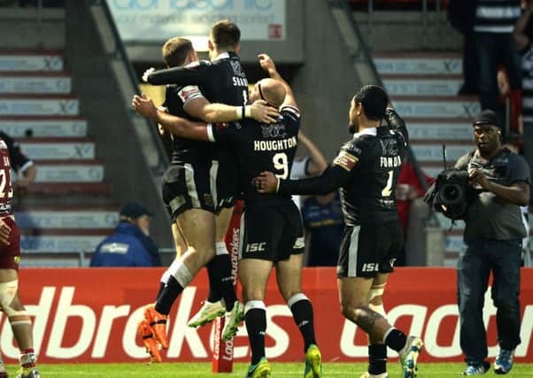Steve Michaels celebrates scoring Hull's first try.
(Picture: Bruce Rollinson)