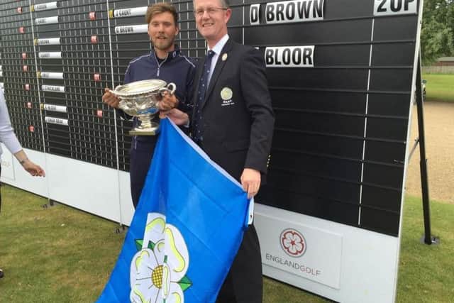 English men's amateur champion Dan Brown with Yorkshire Union of Golf Clubs' president Jonathan Plaxton.