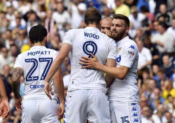 Leeds United's Chris Wood is congratulated after scoring against Atalanta .Picture: Simon Hulme