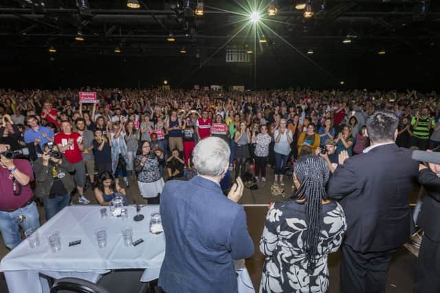 Labour leader Jeremy Corbyn (centre, back to camera) at a packed leadership campaign rally at New Dock Hall, Leeds.
Picture taken on Saturday 30 July 2016.