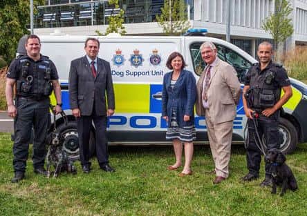 Dog handlers PC Alan Bates and PC Chris Lambert mark the launch of the integrated police dogsection with Barry Coppinger, PCC for Cleveland, Julia Mulligan, PCC for North Yorkshire, and Ron Hogg, PCC for Durham.