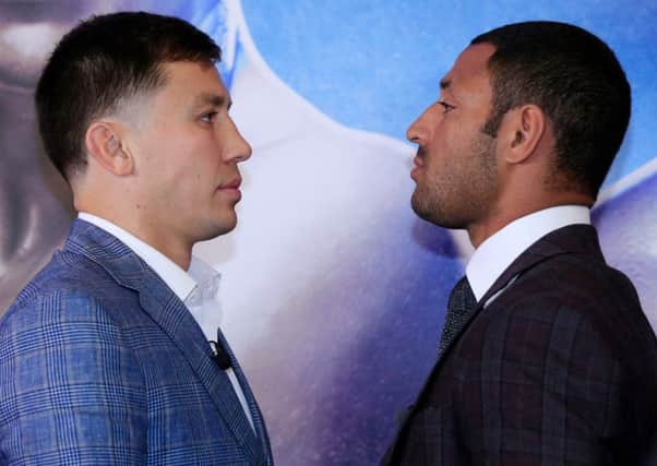 Gennady Golovkin (left) and Kell Brook (right) during the press conference at the Dorchester Hotel, London.