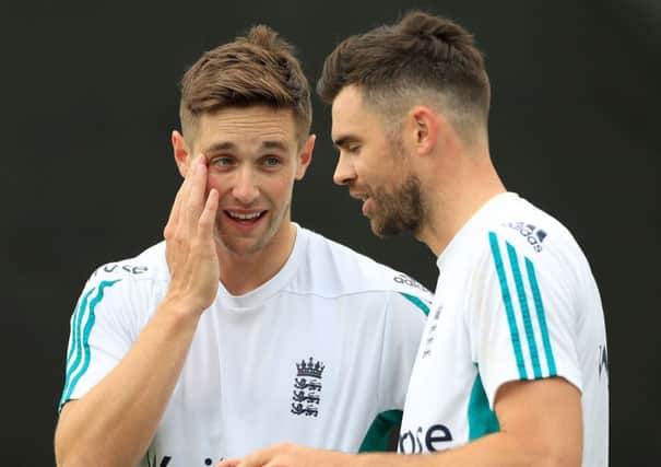 England team-mates Chris Woakes, left, and James Anderson during a nets session at  Edgbaston on Monday (Picture: Tim Goode/PA Wire).