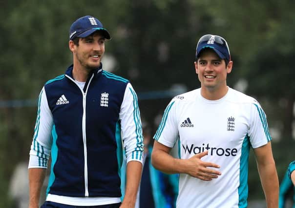 England captain Alastair Cook, right, talks to Steven Finn during a nets session at  Edgbaston on Tuesday (Picture: Tim Goode/PA).