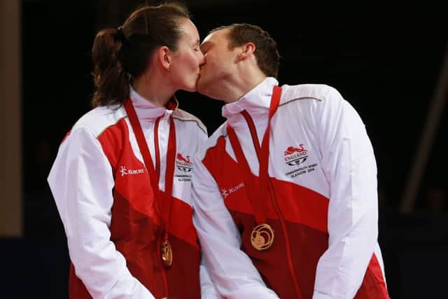 England's Joanna and Paul Drinkhall celebrate winning gold in the Mixed Doubles Table Tennis Bronze Medal match at Scotstoun Sports Campus, during the 2014 Commonwealth Games in Glasgow.