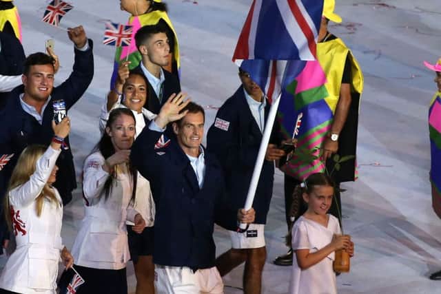 Great Britain flag bearer Andy Murray leads out Team GB during the Rio Olympic Games 2016 Opening Ceremony at the Maracana, Rio de Janeiro, Brazil.  Martin Rickett/PA Wire.