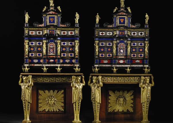 The pair of 17th century Italian rosewood Pietre Dure mounted, inlaid ebony cabinets, that have been "saved" for the nation after almost going into a private collection abroad.  Picture: Sotheby's/PA Wire