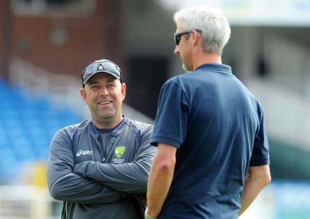 Darren Lehmann, pictured during practice on the Headingley pitch ahead of the one-day international against England- chatting to Yorkshire coach Jason Gillespie.