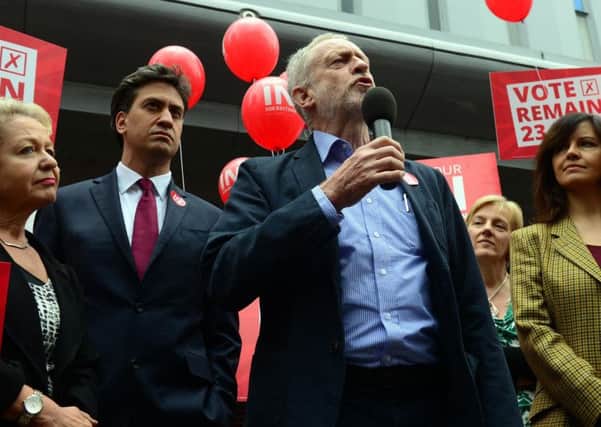 Ed Miliband campaigning with Jeremy Corbyn during the EU referendum in Doncaster.