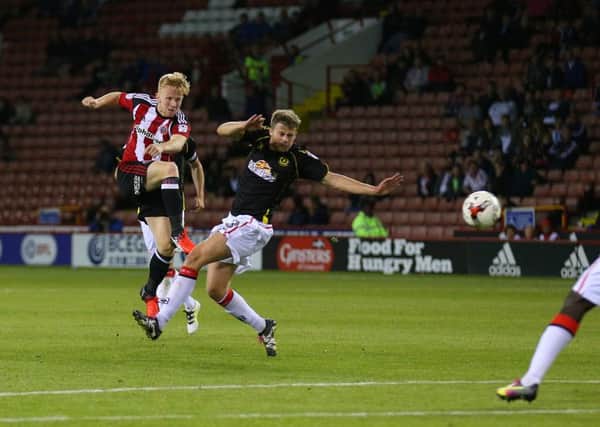 Mark Duffy of Sheffield United hits the bar in the dying minutes during the EFL Cup Round One match at the Bramall Lane Stadium, Sheffield. (Picture: Simon Bellis/Sportimage)