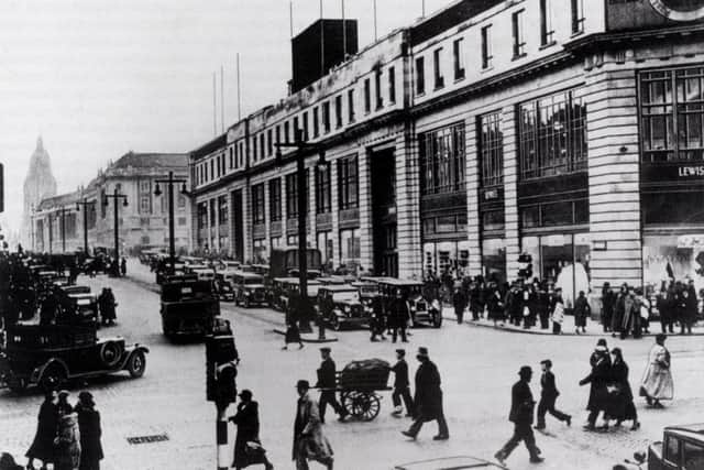 The Headrow, Leeds in the 1930s. The major attraction was Lewis's new department store, opened in September 1932 at a cost of Â£1 million. Its lavish marble floors, bronze decorated staircases, lifts and escalators brought ultra modern style shopping in Leeds.