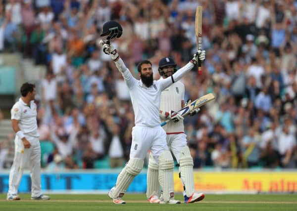 Englands Moeen Ali, who was struck on the head with the first delivery he faced at The Oval, celebrates after reaching his century during day one of the fourth Test against Pakistan at The Oval (Picture: John Walton/PA Wire).