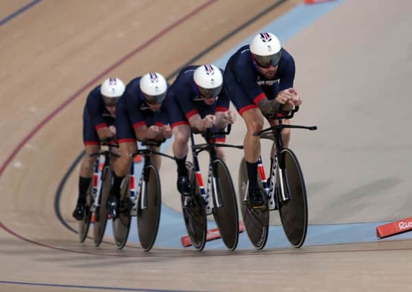 Great Britain's Ed Clancy, Steven Burke, Owain Doull and Sir Bradley Wiggins (front) during Men's Team Pursuit on the seventh day of the Rio Olympics Games, Brazil.
