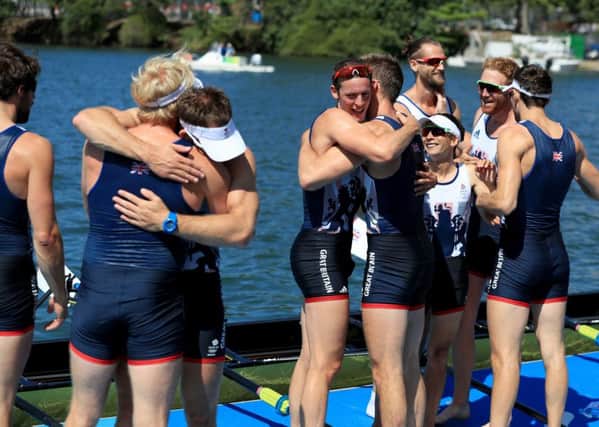 Great Britain celebrate after winning the Gold Medal in the Men's Eight final on the eighth day of the Rio Olympics Games.