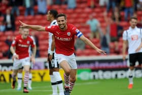 Barnsley's Conor Hourihane celebrates after his goal against Derby County. Picture: Jonathan Gawthorpe