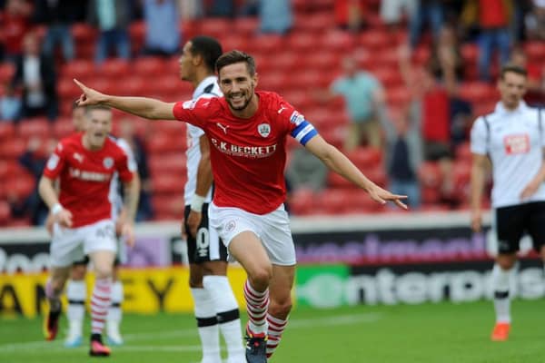 Barnsley's Conor Hourihane celebrates after his goal against Derby County.
 Picture: Jonathan Gawthorpe
