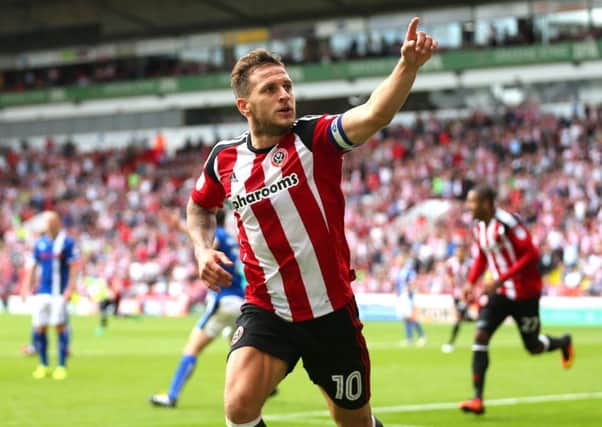 Sheffield United captain Billy Sharp celebrates scoring the equalising goal against Rochdale. Picture: Simon Bellis/Sportimage