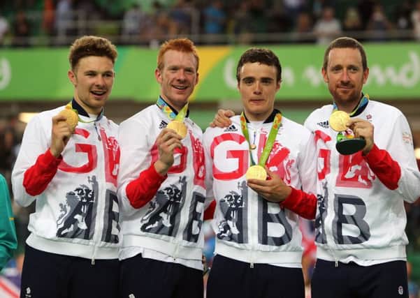 Ed Clancy, inset second left, with his team pursuit team-mates, from left, Owain Doull, Steven Burke and Sir Bradley Wiggins.
