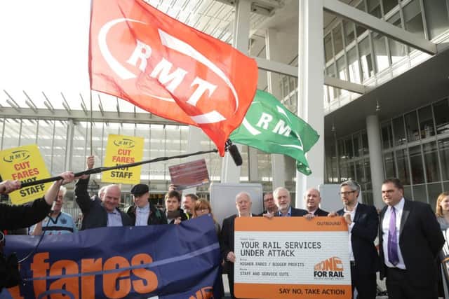 Jeremy Corbyn joins rail unions at London Bridge station this morning to protest at the latest increase in fares.