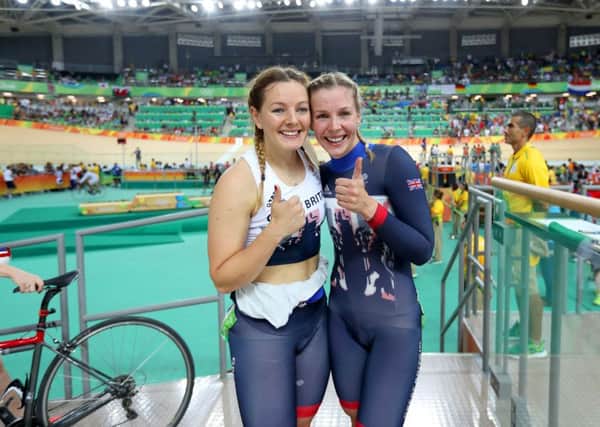 Great Britain's Rebecca James (right) celebrates after winning silver and Great Britain's Katy Marchant celebrates after winning bronze in the women's sprint at the Rio Olympic Velodrome
