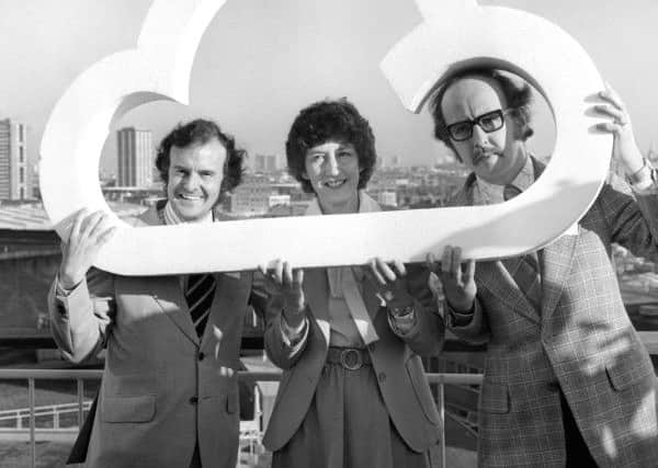 1970s BBC weather forecasters Bert Foord (left), Barbara Edwards and Michael Fish