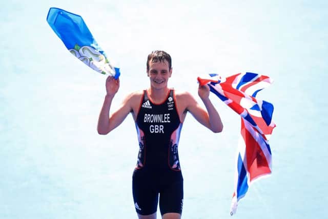 Leeds's Alistair Brownlee celebrates winning gold in the Men's Triathlon at Fort Copacabana in Rio. Picture: Mike Egerton/PA