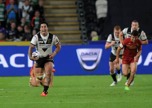 CATCH ME IF YOU CAN: Hull FCs Mahe Fonua scores a runaway try on a comfortable night for the hosts as they blitzed Catalans 44-0 at KCOM Stadium. Picture: Jonathan Gawthorpe.