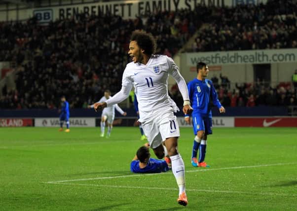 Rotherham recruit Izzy Brown celebrates his opening goal for England Under-19s against Italy at the New York Stadium in 2014.