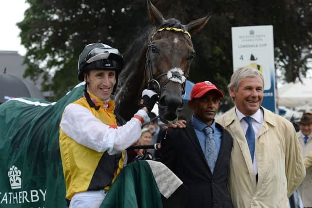Quest For More and George Baker after winning the Weatherbys Hamilton Lonsdale Cup during day three of the Ebor Festival at York . Picture: Anna Gowthorpe/PA