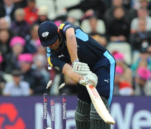 Yorkshire Vikings Jonny Bairstow is bowled by Durham Jets Mark Wood during the NatWest T20 Blast Finals Day at Edgbaston, Birmingham. Photo: Rui Vieira/PA Wire