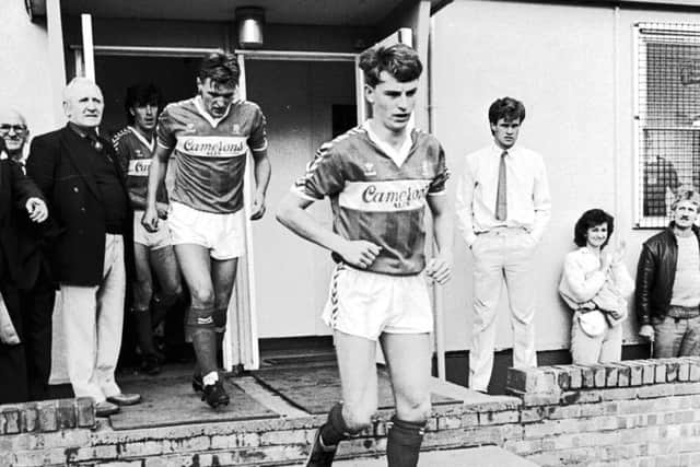Middlesbroughs Colin Cooper and Gary Gill leave the dressing room for their first match of the 1986 season against Port Vale at Hartlepools Victoria Ground after Ayresome Park had been closed. (Picture: Doug Moody)