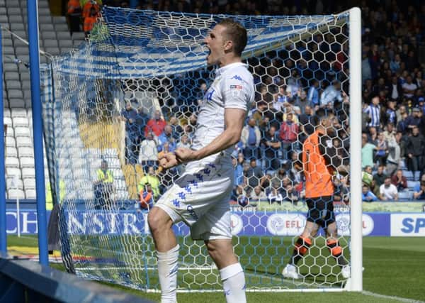 Leeds United's Chris Wood celebrates his late goal in the victory over Sheffield Wednesday (Picture: Bruce Rollinson).