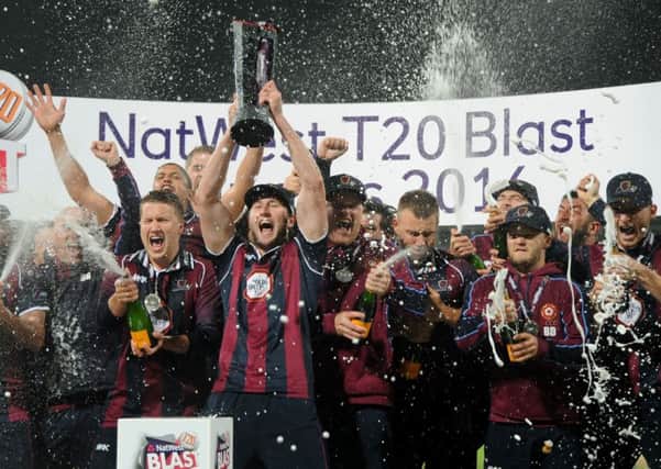 Northamptonshire Steelbacks players celebrate with the trophy after winning the T20 Final during the NatWest T20 Blast Finals Day at Edgbaston, Birmingham. (Picture: PA).