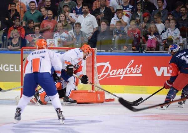 UP AGAINST IT: Sheffield Steelers concede a goal at Red Bull Salzburg. Picture: Dean Woolley.