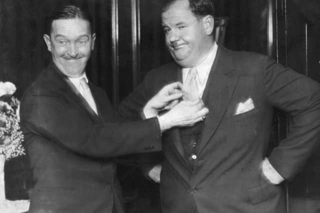 Stan Laurel and Oliver Hardy on a visit to Leeds in August 1932.