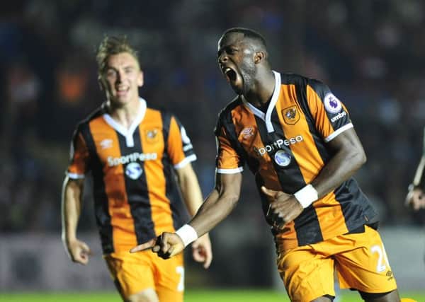 Hull City's Adama Diomande celebrates his goal to make it 2-1 during the EFL Cup, Second Round match at St James Park, Exeter.