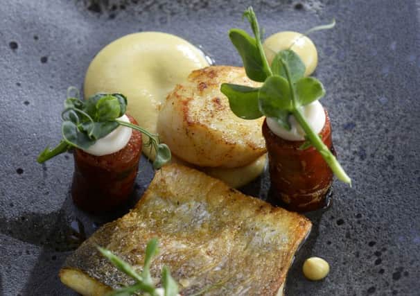Christora chorizo, scallop and seabass with cured cailiflower.
 Picture Bruce Rollinson.