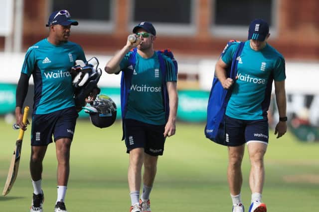 England's (from left to right) Chris Jordan, Liam Dawson and David Willey during a nets session at Lord's. Picture: John Walton/PA.