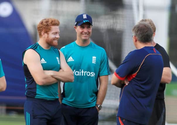 England's Jonny Bairstow (left) chats with former England captain Michael Vaughan during a nets session at Lord's. Picture: PA.