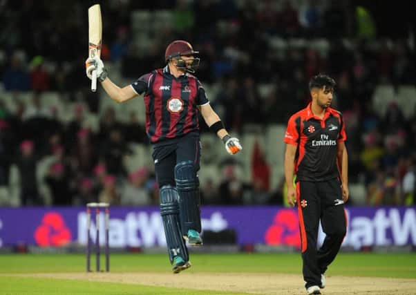 Northamptonshire Steelbacks' Rob Keogh celebrates after hitting the winning runs to beat Durham Jets during the NatWest T20 Blast Finals Day at Edgbaston. Picture: Rui Vieira/PA