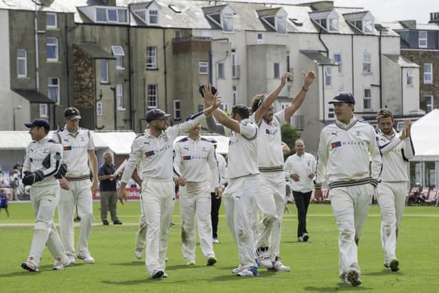 Yorkshire celebrate victory over Nottinghamshire at Scarborough and thank the fans and supporters for their support. Picture by Allan McKenzie/SWpix.com