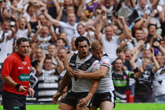 Mahe Fonua (left) celebrates after scoring a try during the Challenge Cup Final match at Wembley Stadium (PA)