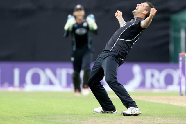 Surrey's Jade Dernbach celebrates taking the final Yorkshire wicket of Tim bresnan to seal a memorable semi-final win at Headingley. Picture: Richard Sellers/PA