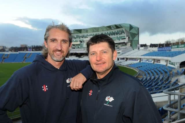 WELCOME: Jason Gillespie with Martyn Moxon at Headingley after his appointment as first-team coach in 2011. Picture: Steve Riding