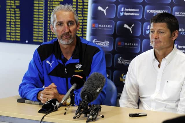 Head coach Jason Gillespie  with director of cricket  Martyn Moxon at today's press Conference.
Picture: Simon Hulme