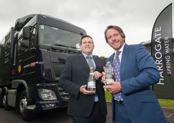 L-R: Gregg Hatton (Export Development Manager, Harrogate Water) and James Cain (MD Harrogate Water) with the Exporting is Great Truck outside Harrogate Water.