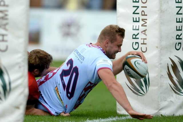 Rotherham Titans' Daniel Grange goes voer for a try against London Welsh on Sunday. Picture: James Hardisty.