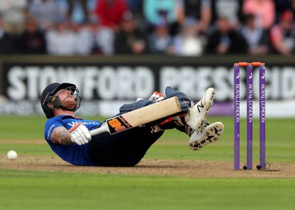 England's Ben Stokes winces in pain after being struck in the groin by a ball from Pakistan's Umar Gull in Cardiff.. Picture: David Davies/PA.