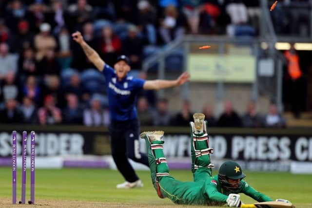 HOWZAT?! Pakistan's Mohammad Narwaz is run out by England's Jonny Bairstow. Picture: David Davies/PA.
