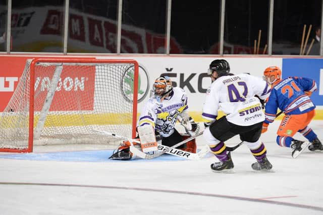 Tyler Mosienko, far right, puts the Steelers 3-2 ahead against Manchester Storm. Picture: Dean Woolley.